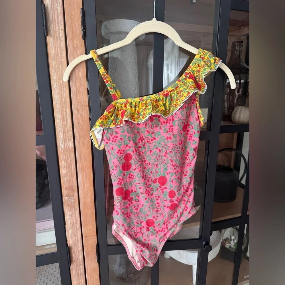 Roller Rabbit girls one piece swimsuit floral ruffle one shoulder block print
